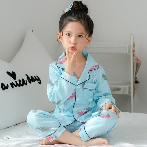 Girls Cotton Pajamas Set - Blue Crown Print Long-sleeved Home Wear Multiple Sizes