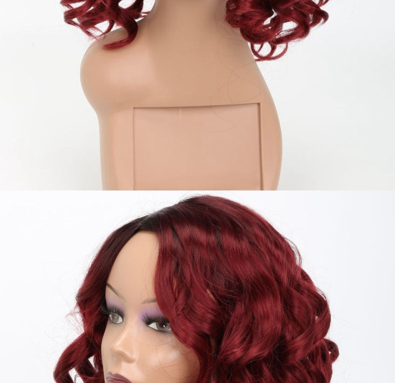 Women's European Beauty Wig - Wine Red Oblique Bangs High Temperature Fiber 12 Inch