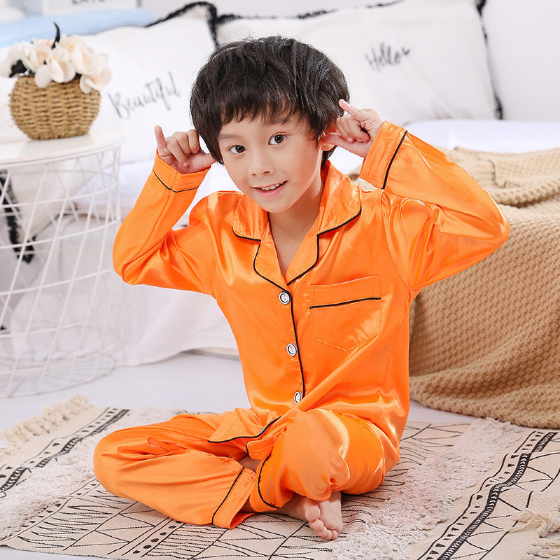Children's Cardigan Long Sleeve Pajamas Girls Boys Ice Silk Solid Color