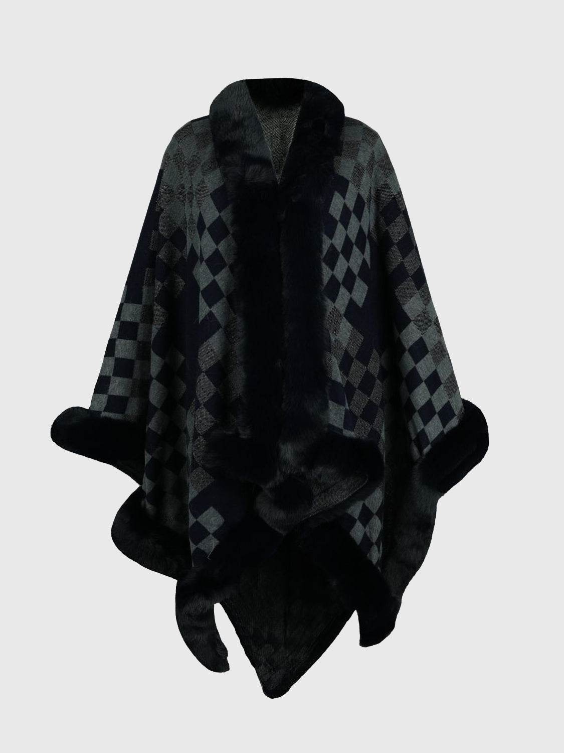 Checkered Faux Fur Trim Poncho - Millivan supplies