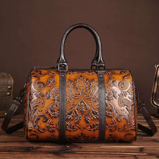 Women's Genuine Leather Floral Embossed Crossbody Handbag – Large Casual Messenger Bag