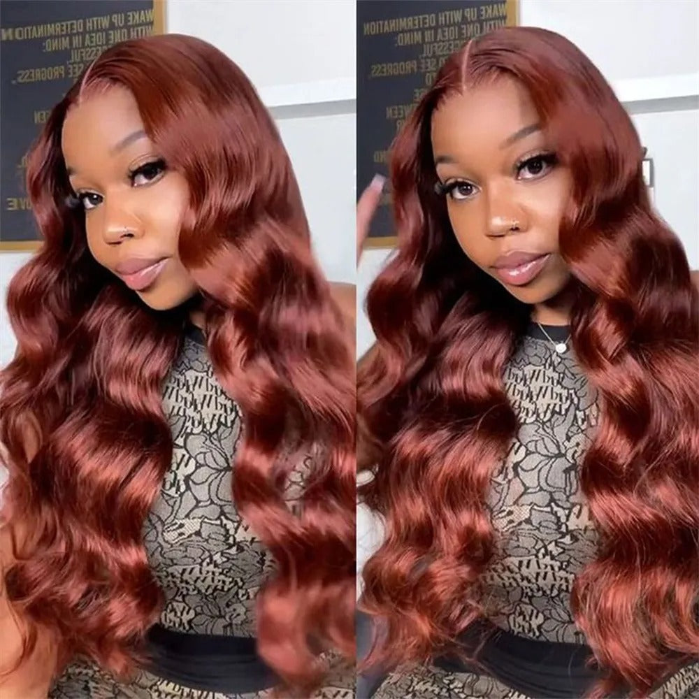 Two images of a person with red hair styled in loose waves, wearing a patterned top.