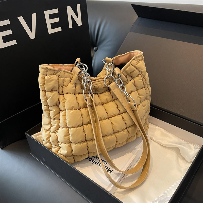 Chain Plaid Down Handbag - Bubble Designer Tote