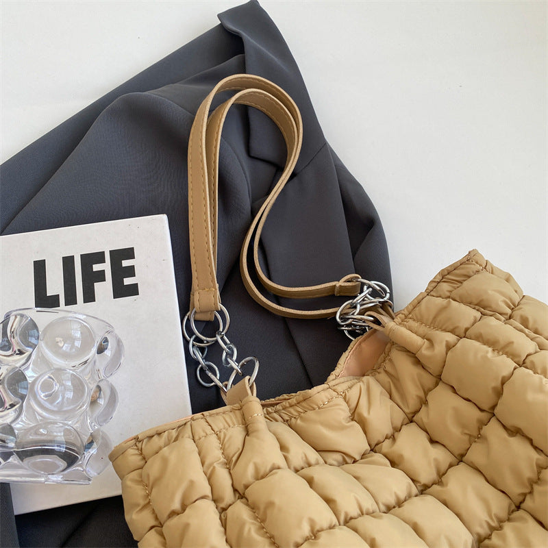 Chain Plaid Down Handbag - Bubble Designer Tote