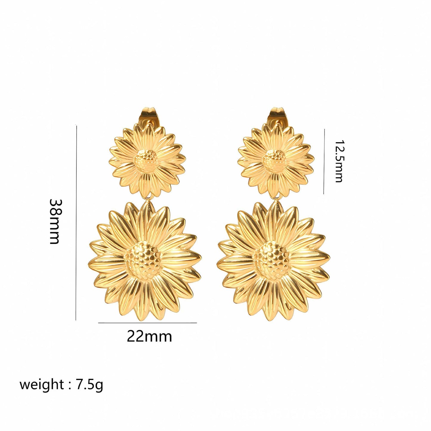 Gold flower-shaped earrings with measurements on a white background