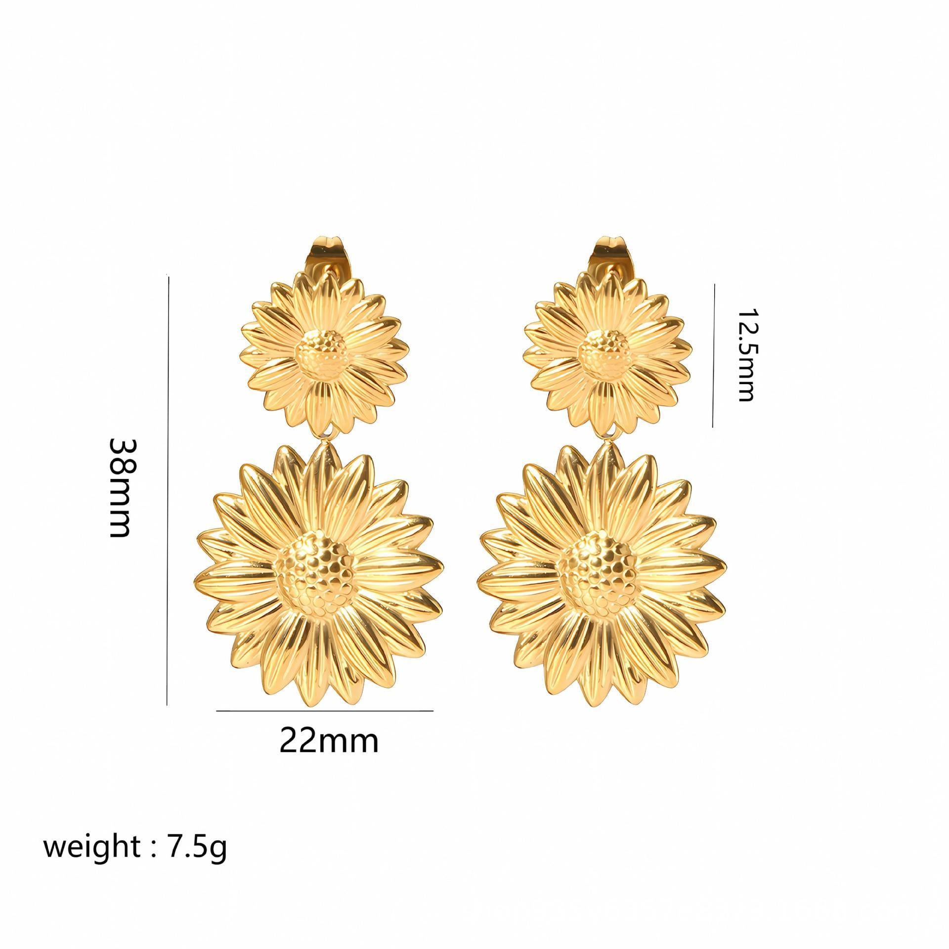 Gold flower-shaped earrings with measurements on a white background