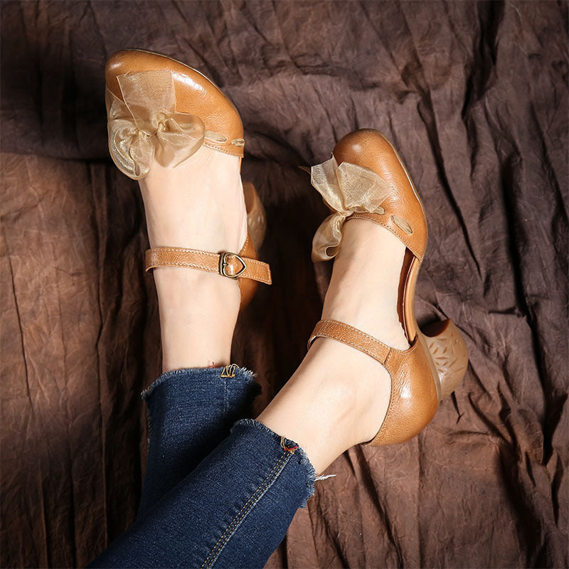 Elegant Sweet Flowers Leather Mid Heel Women's Shoes - Round-toe Sandles