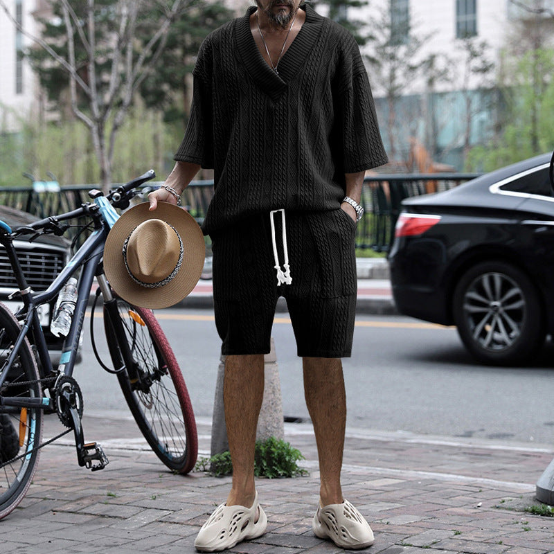 Casual Jacquard Suits Summer V-neck Short-sleeved T-shirt And Drawstring Pocket Shorts Fashion 2pcs Set