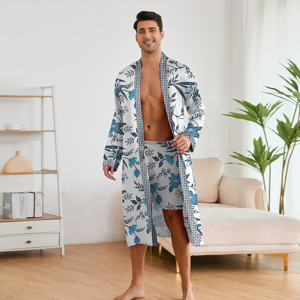 Men's Printed Robes Set - Long Sleeve Top & Shorts Suit