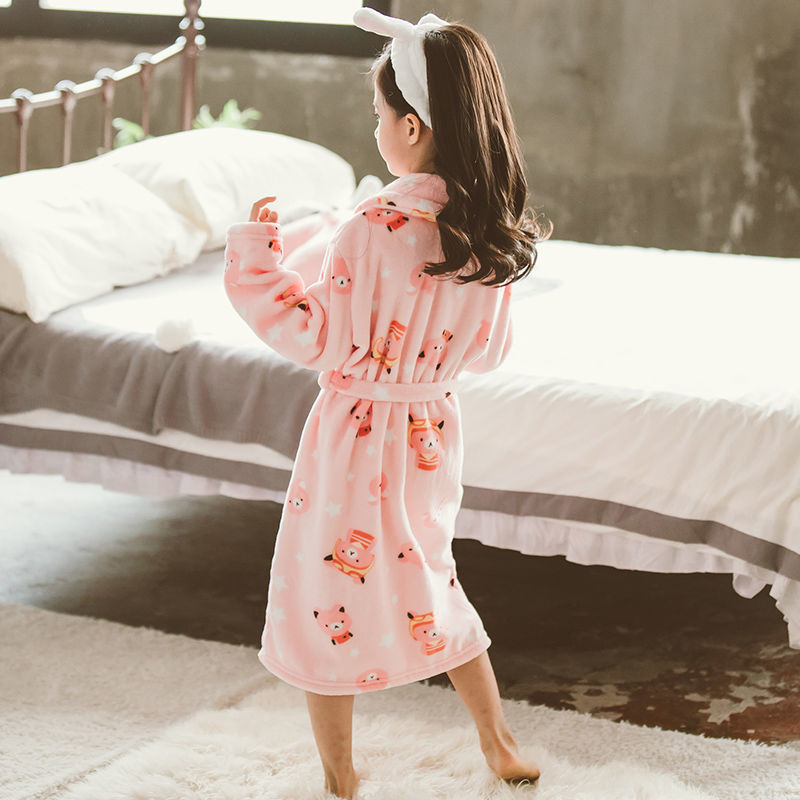 Girls Flannel Nightgown - Thickened Winter Pajamas with Cute Bear Design
