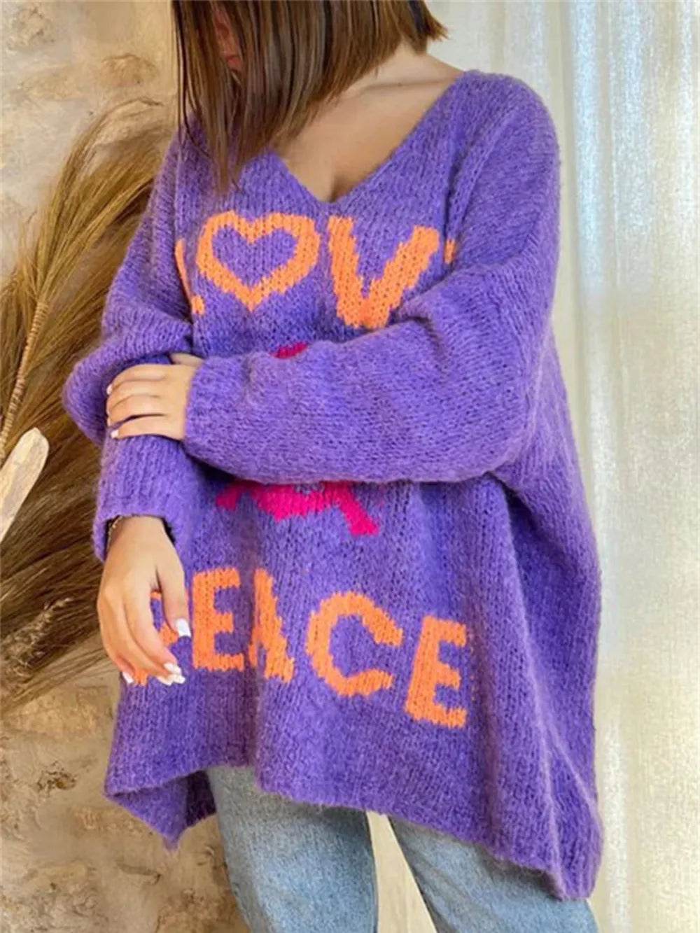 Peace Graphic V-Neck Long Sleeve Sweater - Millivan supplies