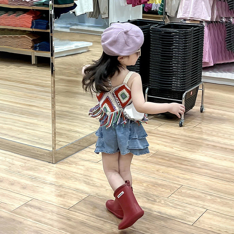 Girls' Hollow Knitted Short Tassel Camisole National Style Top Thin Cake Shorts Two-piece Set