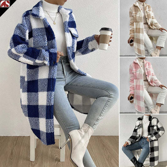 Button Lapel Plush Plaid Coat Loose - Women's Checkered Polyester Jacket 80cm