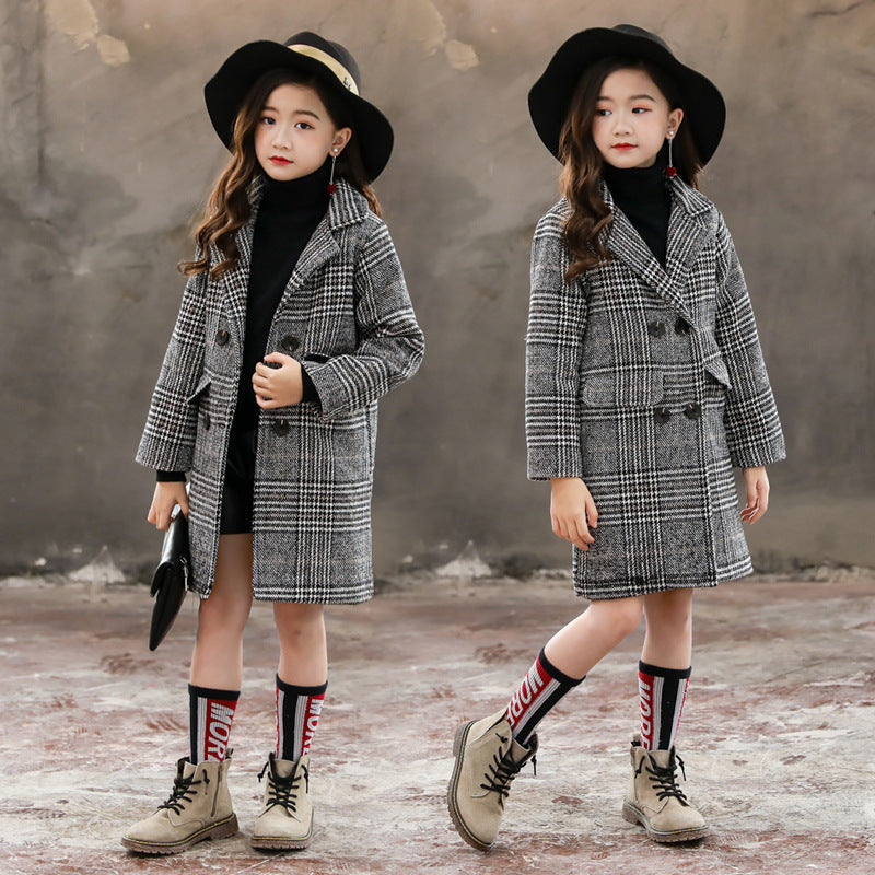 Two images of a girl wearing a plaid coat, black hat, and patterned socks against a textured wall.