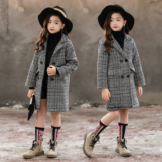 Two images of a girl wearing a plaid coat, black hat, and patterned socks against a textured wall.