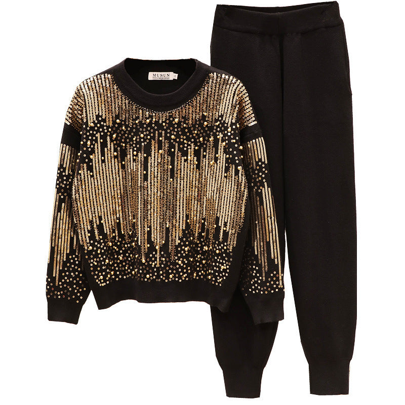 Sequined Beaded Long-Sleeve Knitwear Casual Pants Set
