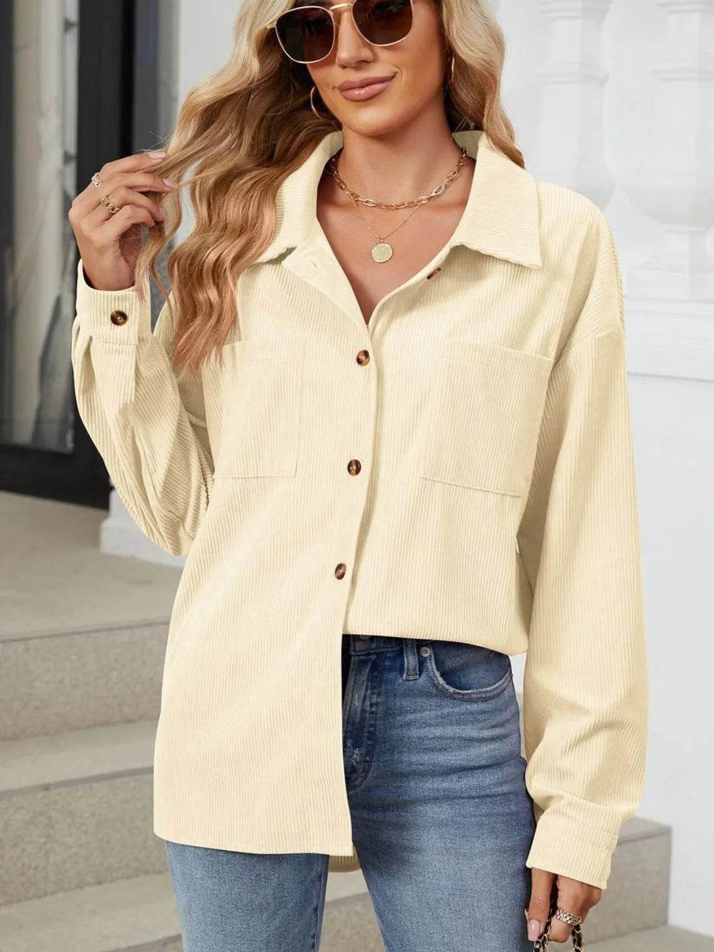Button Up Dropped Shoulder Long Sleeve Outerwear - Millivan supplies