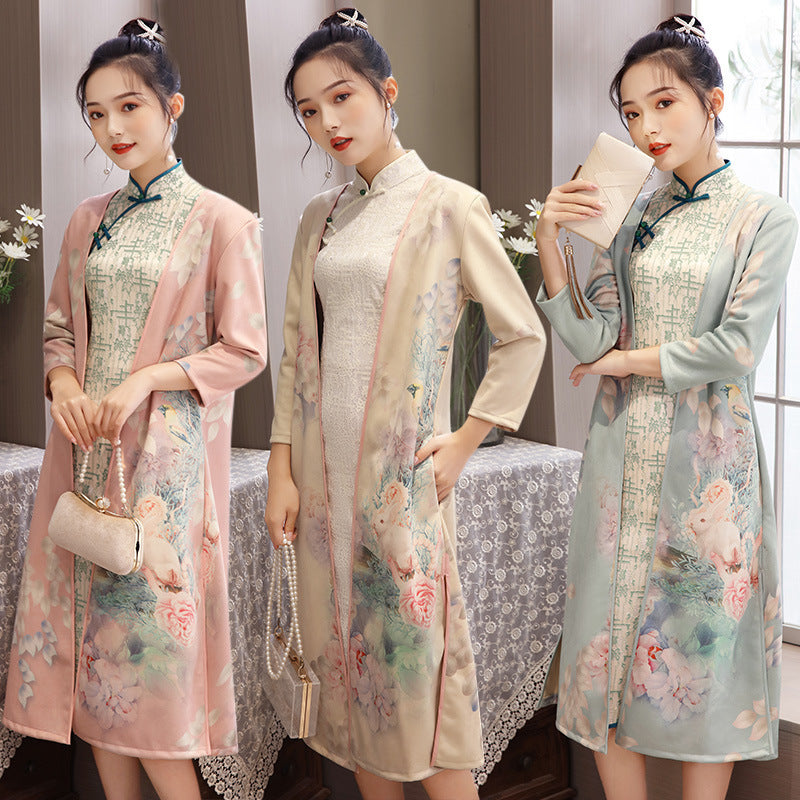 Medium Length Cheongsam - Suede Aodai Dress