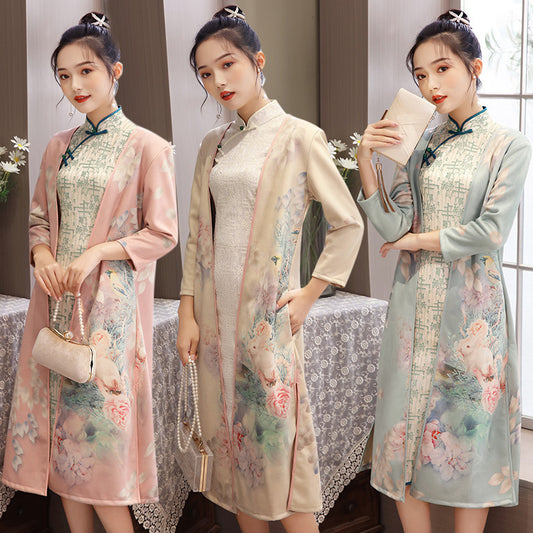 Medium Length Cheongsam - Suede Aodai Dress
