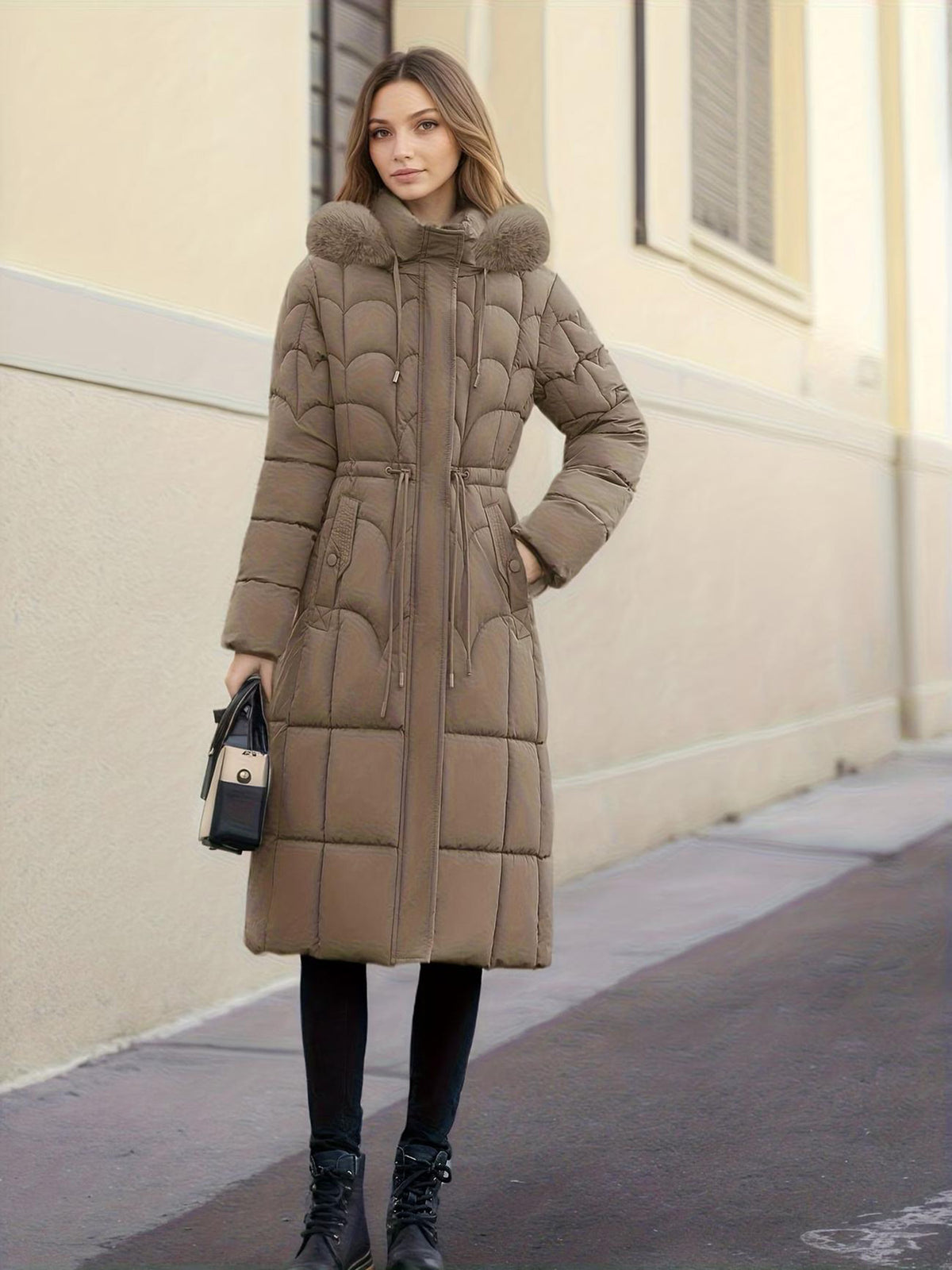 A woman wearing a long taupe-brown quilted puffer coat with a faux-fur trimmed hood, standing on a sidewalk next to a beige building.