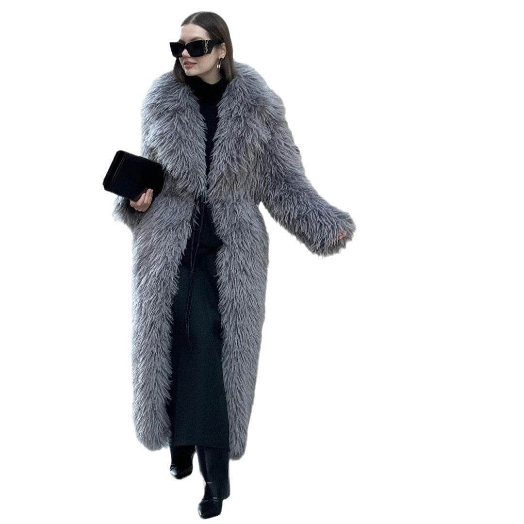 Gray Lapel Extended Plush Coat Warm Thickened Fleece-lined - Millivan supplies