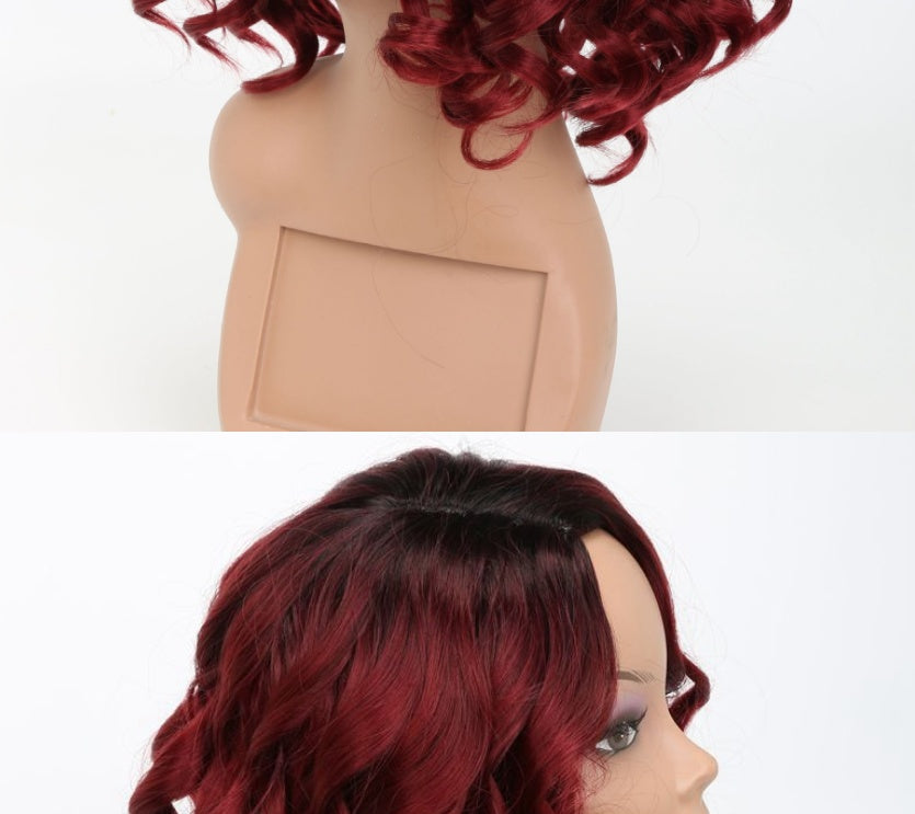 Women's European Beauty Wig - Wine Red Oblique Bangs High Temperature Fiber 12 Inch