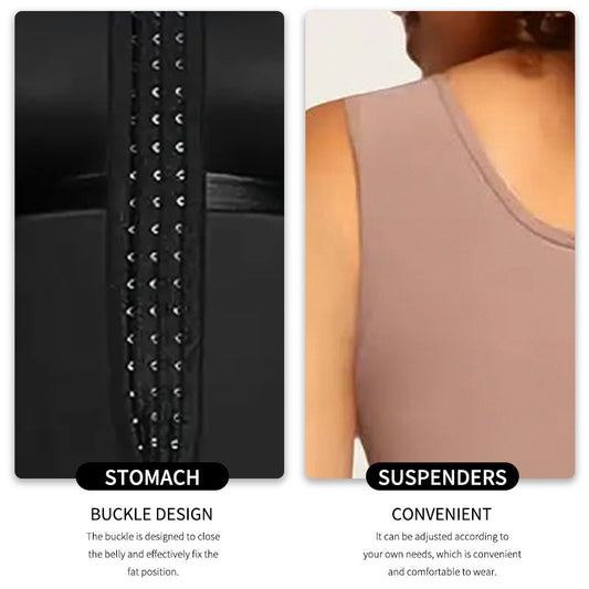 Black waist trainer with buckle design and a person wearing beige suspenders.