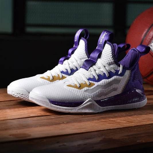 White and purple basketball shoes with gold accents on a wooden surface, with a basketball in the background.