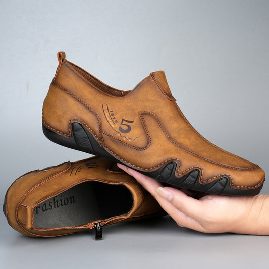 Men's Mid-top Zipper Casual Leather Shoes - Korean Style Cowhide Gommino Shoes