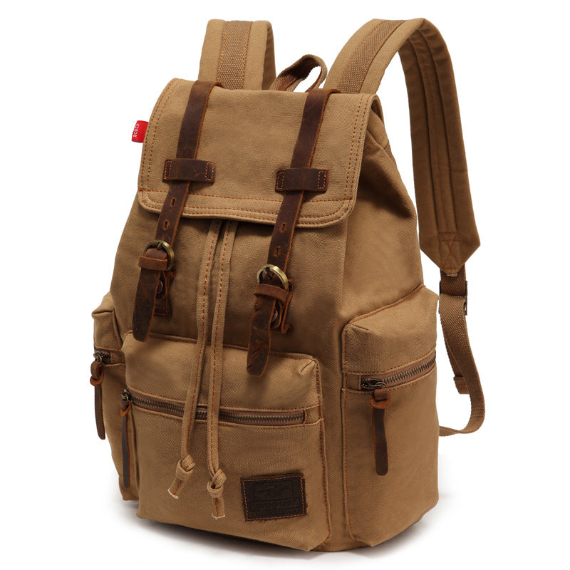 Brown backpack with leather straps on a white background