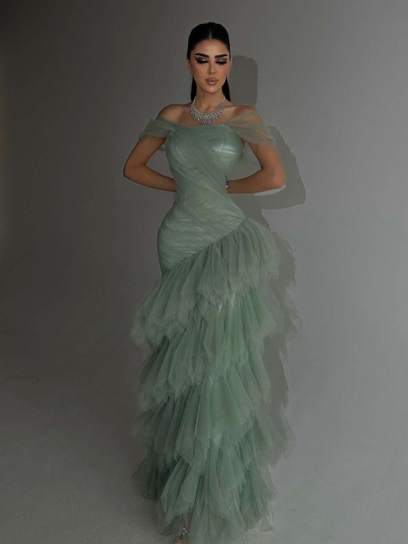 Women's Strapless Mermaid Maxi Dress With Layered Tulle Skirt | Sage Green | XS–XL