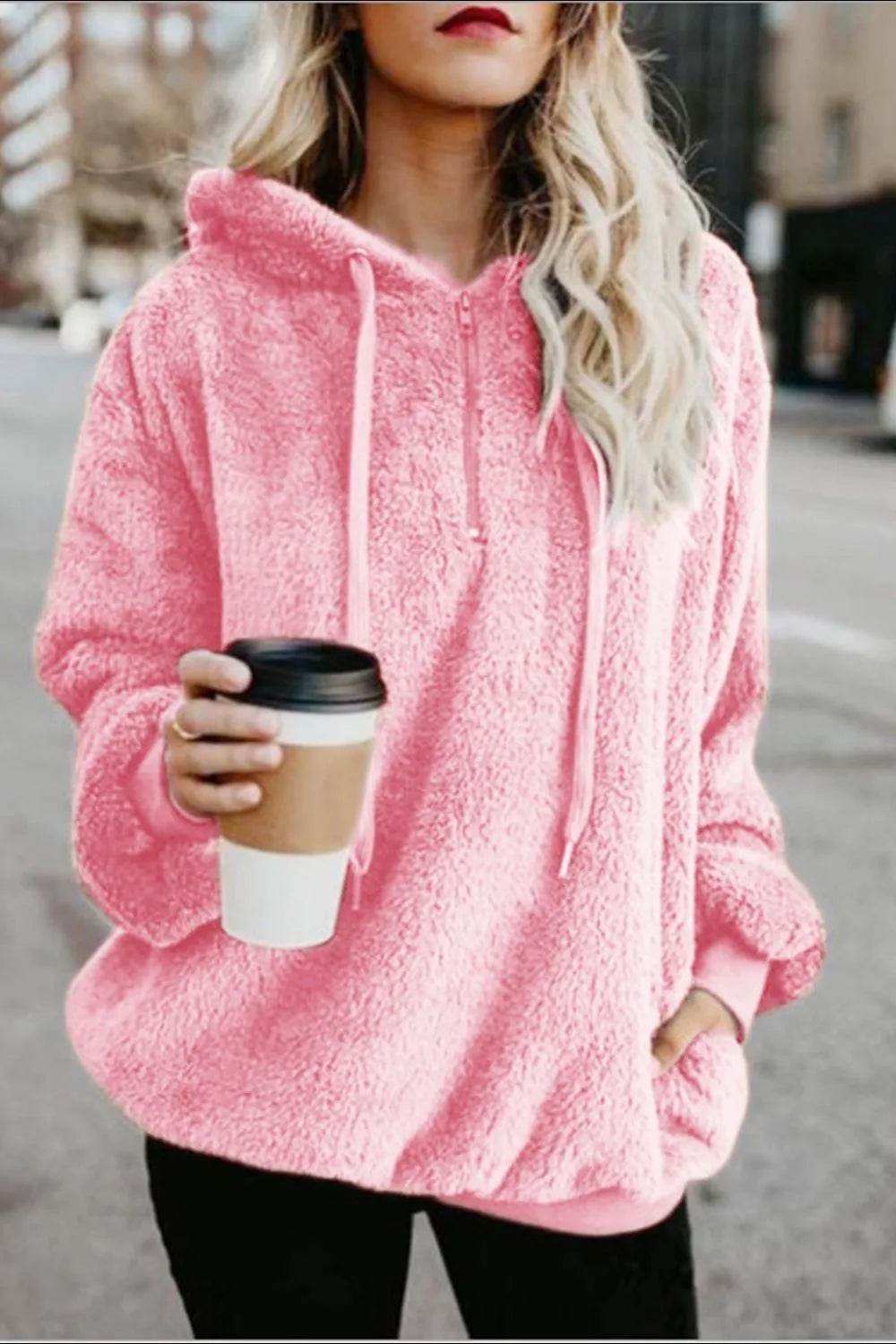 Full Size Quarter-Zip Drawstring Teddy Hoodie - Millivan supplies