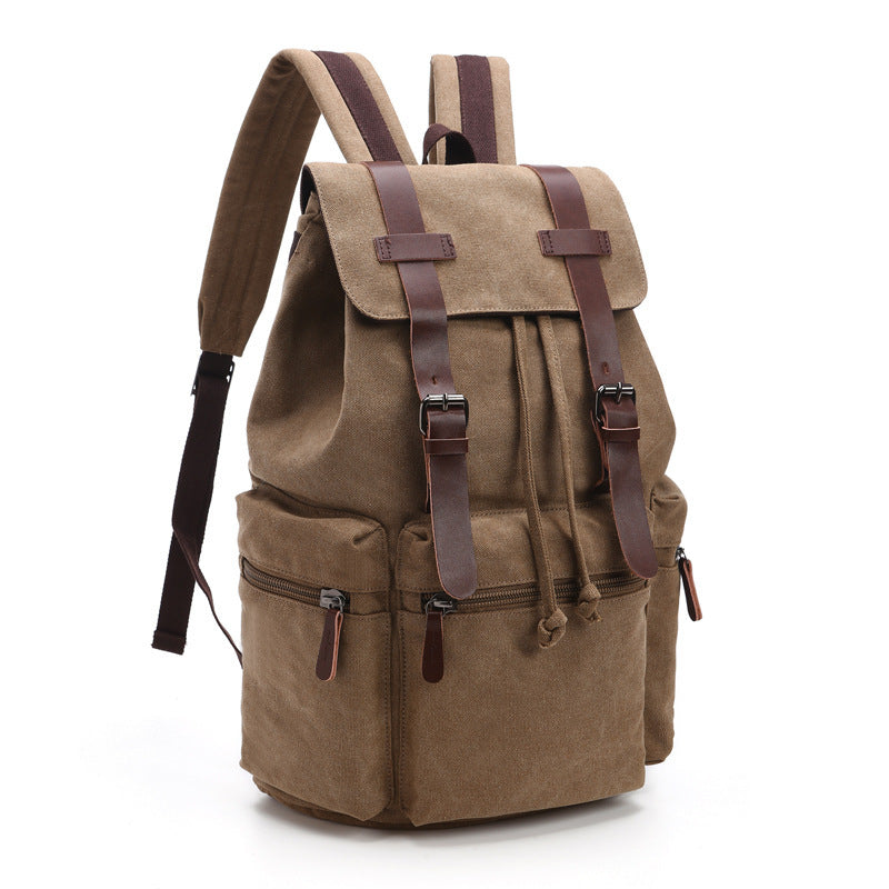 Brown backpack with leather straps on a white background