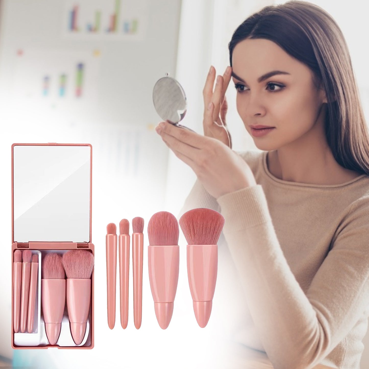 5Pcs Makeup Brushes Tool Set Cosmetic Powder Eye Shadow Foundation Blush Blending Make Up Brush - Pink with Mirror