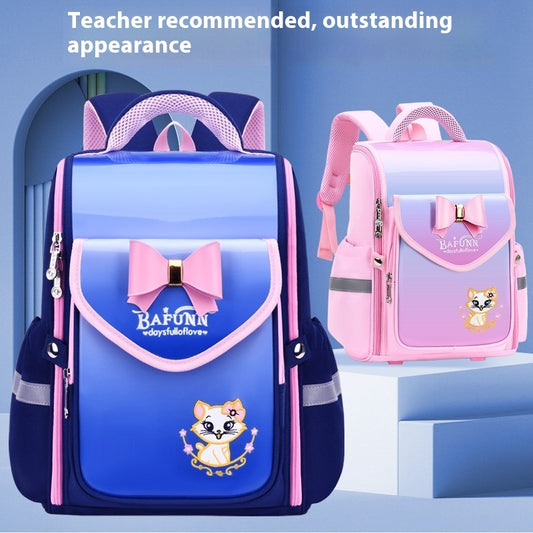 Two school bags, one blue and one pink, with decorative elements on a light blue background.