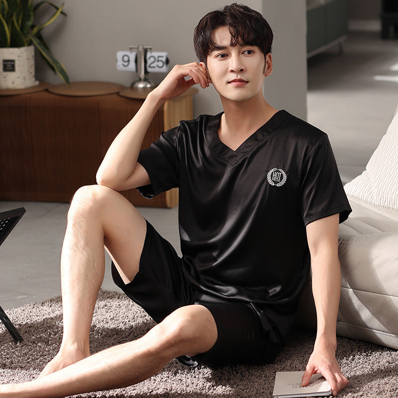 Men's Ice Silk Pajama Suit - Adult Short-Sleeve Shirt & Shorts Homewear