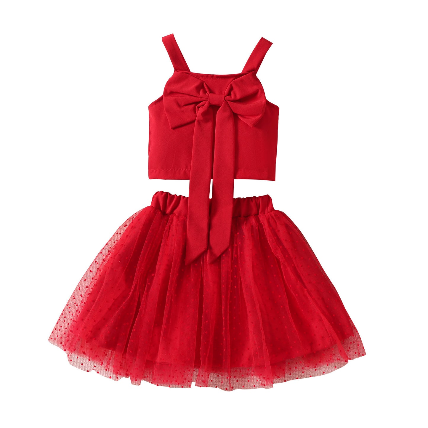 Summer New Girls' Suit Strappy Bow Top With Tulle Skirt Two-piece Set