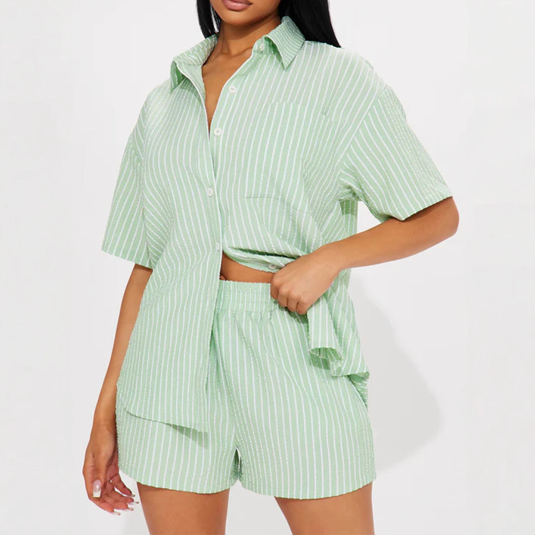 Women's Striped Lapel Short Sleeve Front Cardigan Button Elastic Shorts Suit