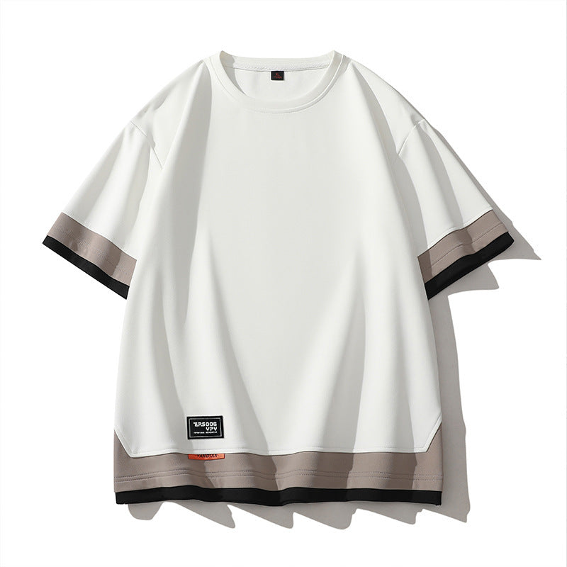 Men's Japanese Color Matching Three-Piece Shirt - Adult Short Sleeve Stitching Design