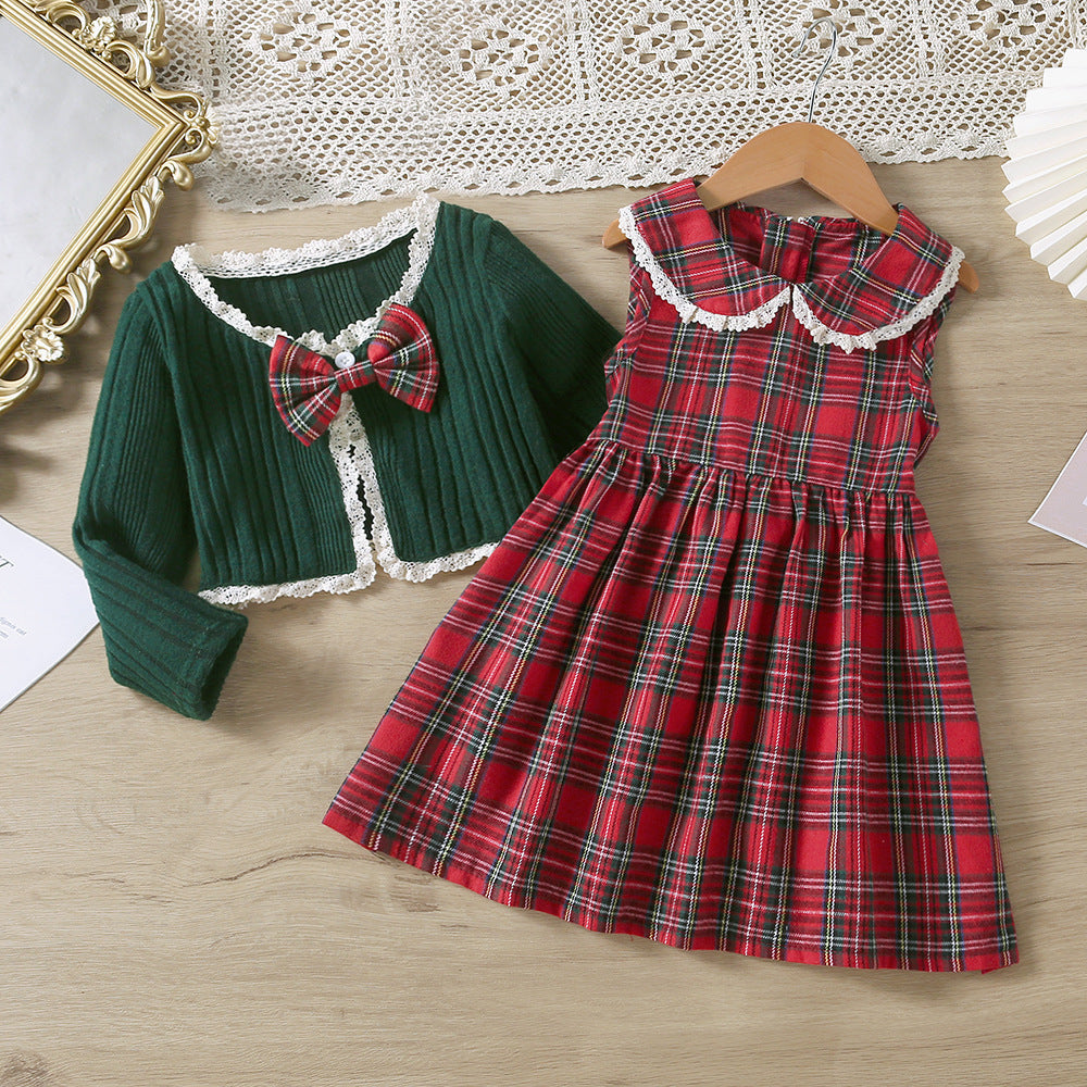 Girls Autumn Knitted Lace Top Plaid Vest Skirt Suit