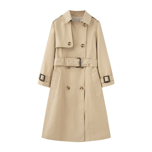 Beige trench coat with a belt on a white background