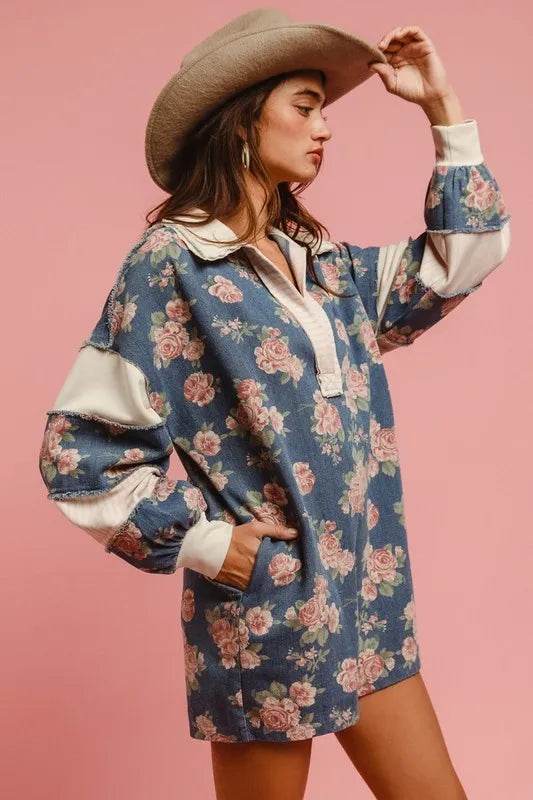 BiBi Washed Floral Denim Romper With Contrast Collar - Millivan supplies