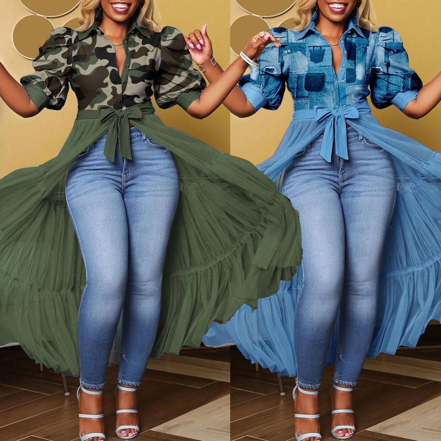 Two women wearing matching outfits with green and blue dresses over jeans.