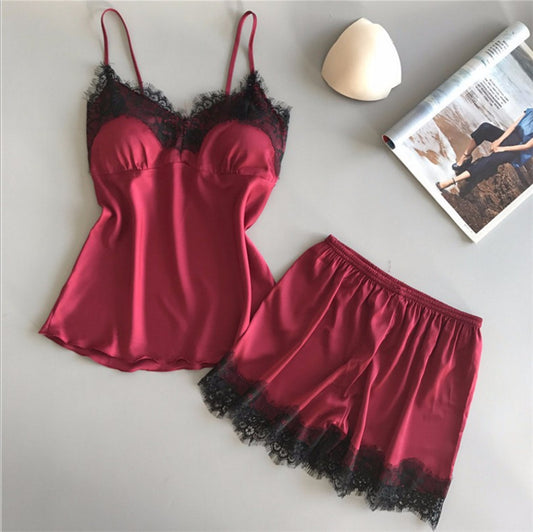 Women's Silk Loungewear Two-Piece Set - Adult Sling Ice Ribbon Chest Pad