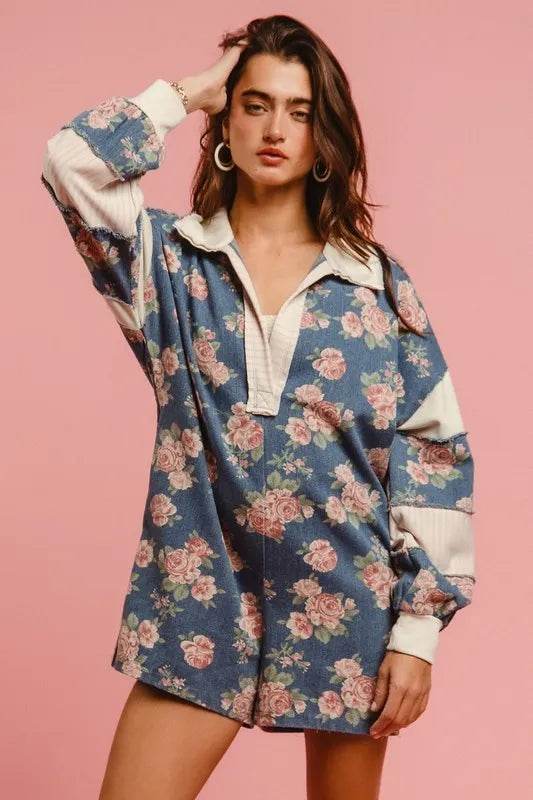 BiBi Washed Floral Denim Romper With Contrast Collar - Millivan supplies