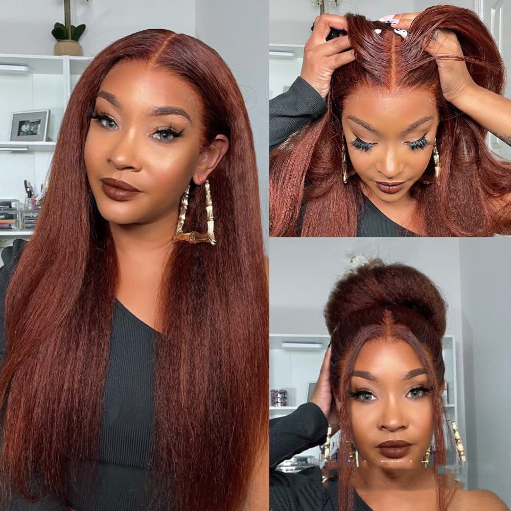 Collage of a woman with red hair styled in different ways.