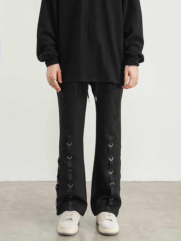 Suede Leather Hoop Embellished Micro-flared Trousers