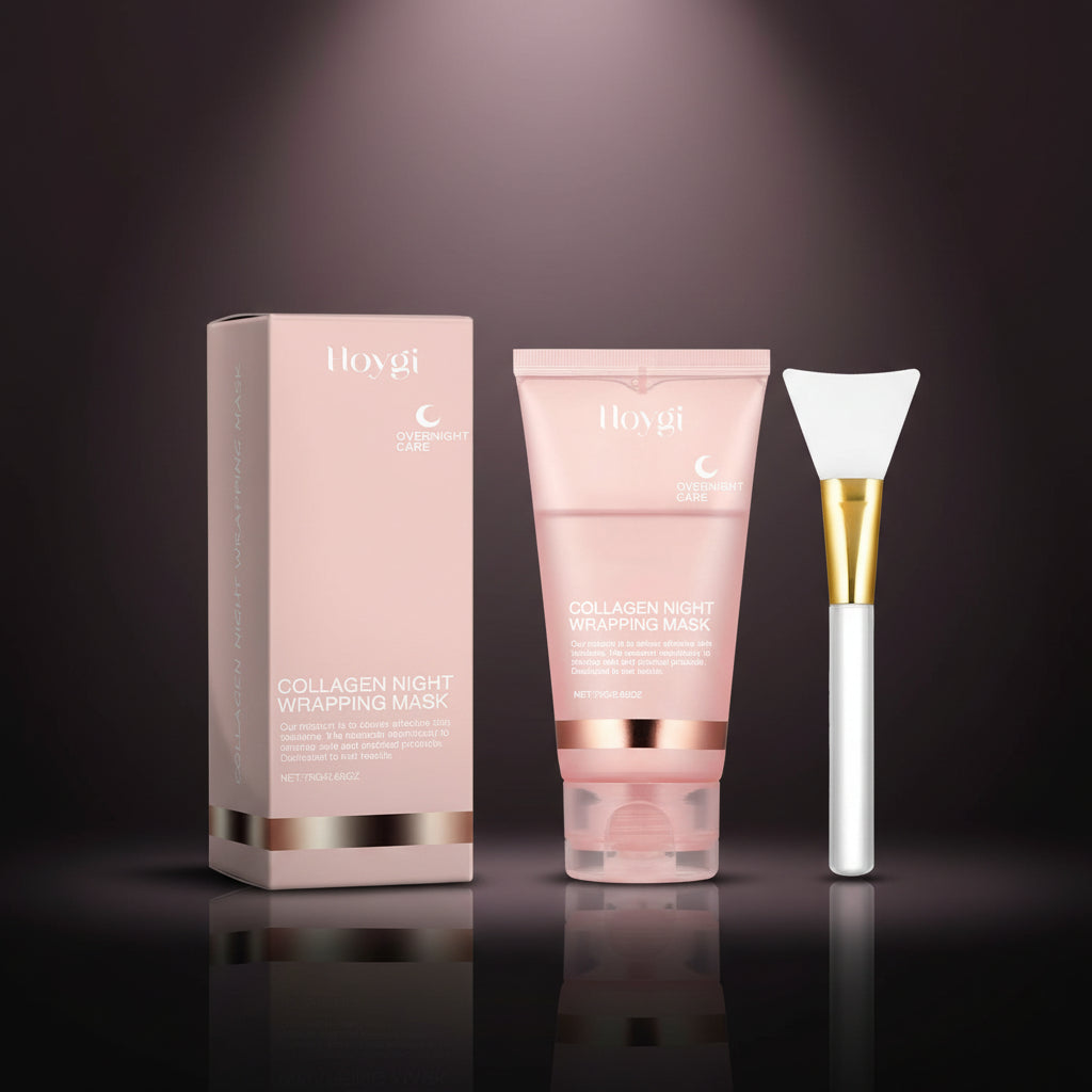 Collagen night wrapping mask set with packaging, tube, and applicator on a white background