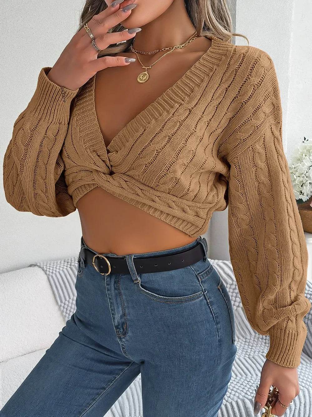 Twisted Cable-Knit V-Neck Sweater - Millivan supplies