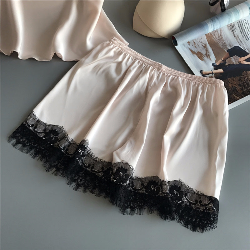 Women's Silk Loungewear Two-Piece Set - Adult Sling Ice Ribbon Chest Pad